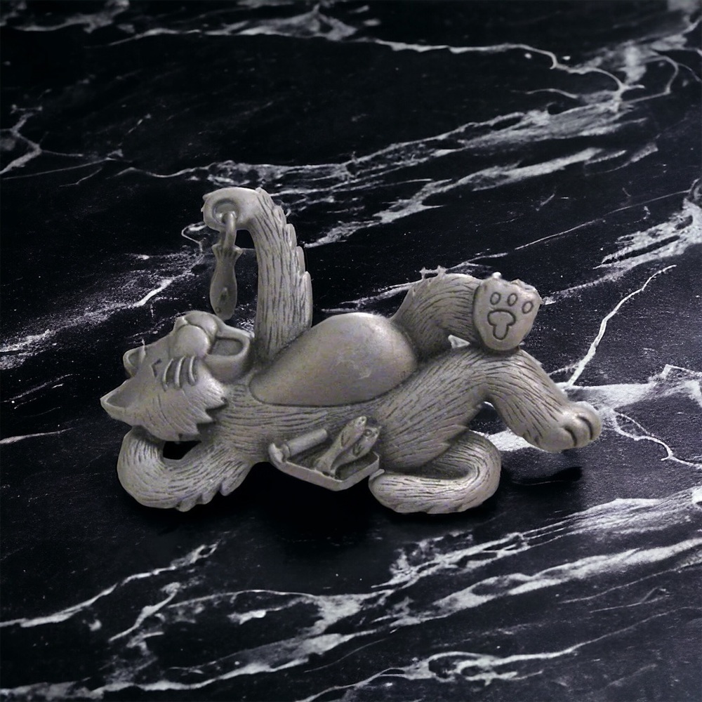 Vtg JJ Jonette Silver Tone Pewter Cat Eating Dangling Fish Animal Brooch Pin 2"